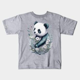 Panda bear around Flowers: Scattered Watercolor in Pastel Colors. Kids T-Shirt